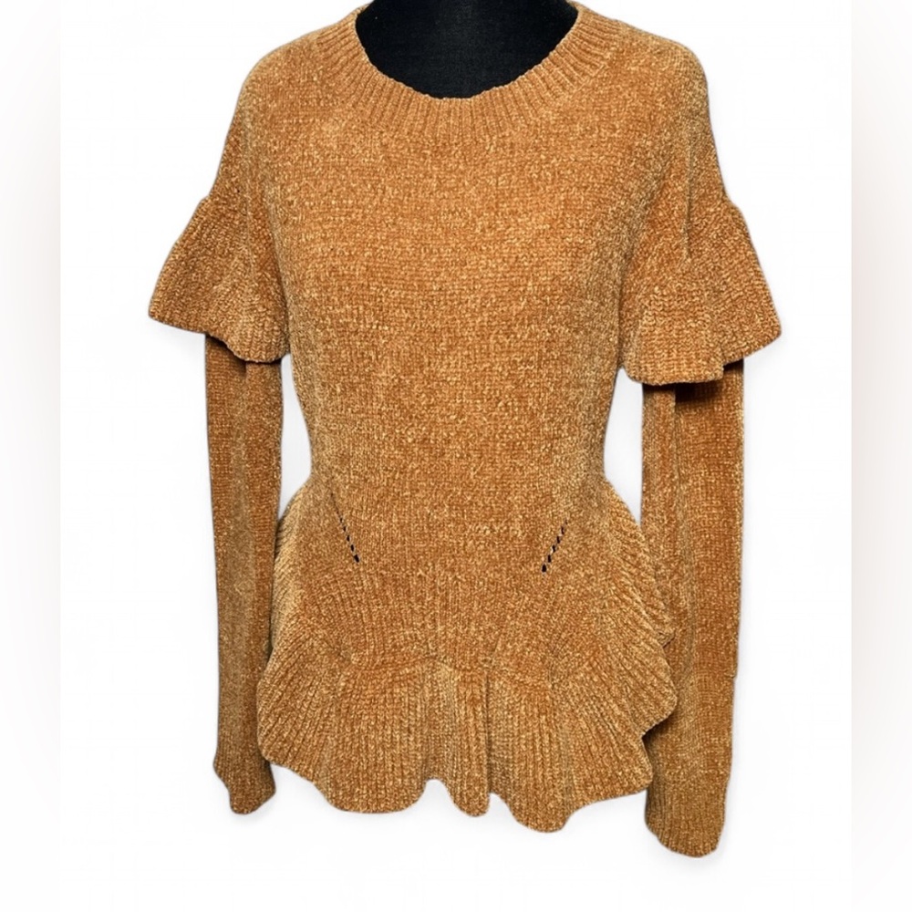 Melrose and Market Women’s Gold Chenille Ruffle Peplum Sweater XXS